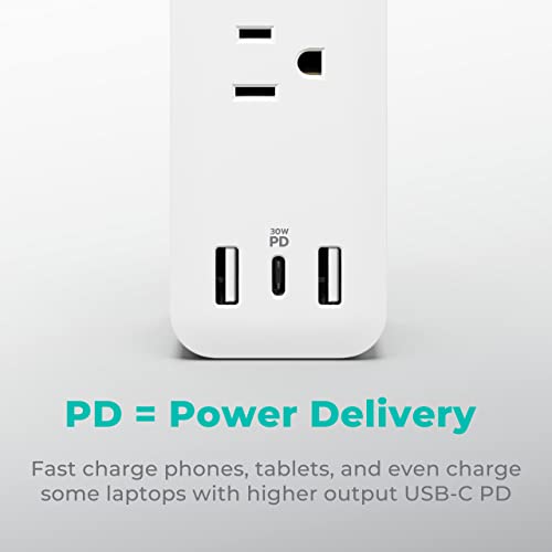 Kmc Usb-C Pd Surge Protector 3-Outlet Power Strip 2-Pack, 30W Power Delivery Usb-C Port, 2 Usb-A Ports, 980J Surge Protection, 6-Foot Extension Cord, White #TOP1