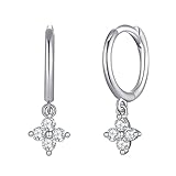 Small Clover Dangle Hoop Earrings with Flower Shaped CZ for Women, Drop Huggie Hoop Earring with Clear CZ Charm in Sterling Silver Gifts for Her