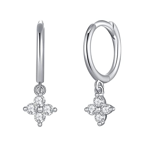 Dainty Flower Shaped CZ Dangle Hoop and Stud Earrings Sets for Women, Drop Huggie Earrings with Cubic Zirconia Charm in Sterling Silver Gifts for Her