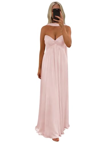 Djqpi Chiffon Long Prom Dress with Scarf Blush Pink Sweetheart Neckline Strapless Bridesmaid Dresses for Wedding Size 2
