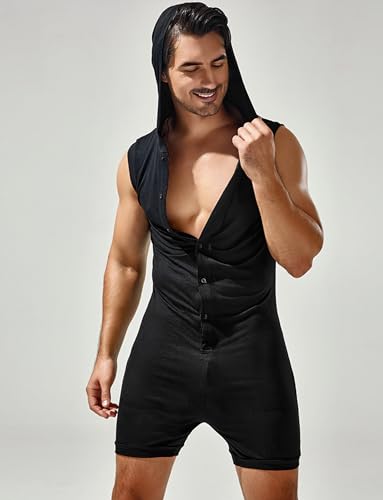 SEAUR Mens Jumpsuits One Piece Shorts Casual Fashion Summer Sleeveless Slim Fit Hooded Button Lightweight Rompers Bodysuit Black XL