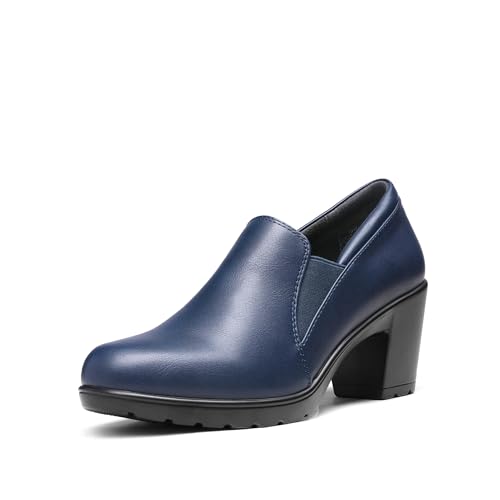 DREAM PAIRS Women's Low Chunky Block Heels Pumps Comfortable Slip-on Heeled Loafers Dress Work Shoes for Office Business LOLA,Size 10,Navy,DPU214