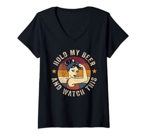 Womens Hold My Beer And Watch This Shirt Funny Retro Hold My Beer V-Neck T-Shirt