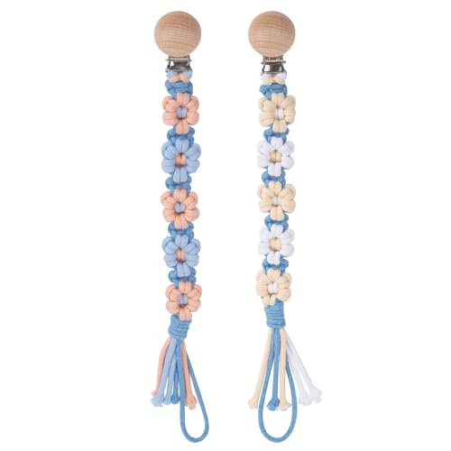 Image of Pacifier Clip for Boys Girls Floral Daisy Macrame Baby Paci Clip Pacifier Holder Leash Boho Wooden Clips Handmade Braided Cotton Binky Clips (2pack:Daisy A & Blue Daisy B)