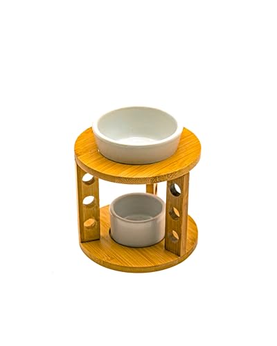 LivuX Lámpara aromática – Humidificador con estructura redonda de madera, 11,5 cm de alto, 11 cm de diámetro, lámpara de aroma natural, difusor de madera y porcelana 1120