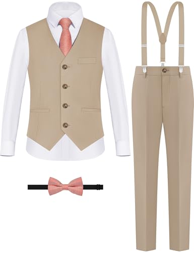Image of Boys Khaki Suit 5 Pieces Slim Fit Kids Formal Tuxedo Suit Set for Wedding Ring Bearer, Easter, First Communion, Confirmation, Graduation Little Boys Size 6