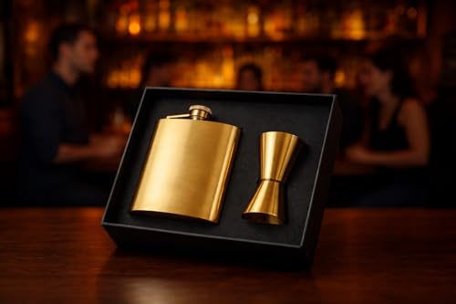 Image of Hip Flask with Peg Messurer Wine Flask Gift Set for Men & Women Stainless Steel (60ML+30ML Peg Messurer + Whiskey Flask) (Golden)