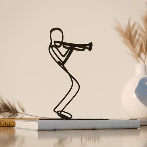 Black Jazz Trumpeter Plastic Line Art Decor Figure Modern Minimal Musician Sculpture Artistic Music Inspired Home Decoration Accent for Living Room Bedroom Office Desk Shelf Creative Display Piece