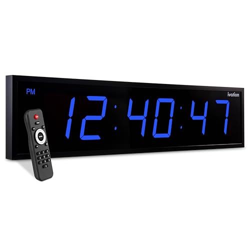 Image of Ivation Huge Oversized 48 inch Large Digital LED Clock | Big Digital Clock w /Multi-Function Display - Stopwatch, Timer, Alarms, Temp & Date | 6 Brightness Levels, Time Memory & Remote (Blue) | Multi-function with Timer, Stopwatch, Alarms, Temp & Date, Aluminum frame, 6 Brightness levels, Time memory, Remote | Blue