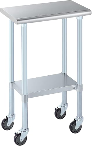 Image of ROCKPOINT Stainless Steel Table for Prep & Work with Caster Wheels 14x24 Inches, NSF Metal Commercial Kitchen Heavy Duty Table with Adjustable Under Shelf and Table Foot for Restaurant, Home and Hotel
