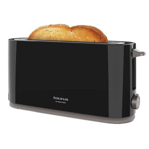 Taurus, Tostadora Mytoast Nero 1000W, 7 Niveles de Tostado, Ranura Extralarga 26x3.8, Sistema Autocentrado, Bandeja Recogemigas, Elevación Extra, Recoge Cable, Pies Antideslizantes