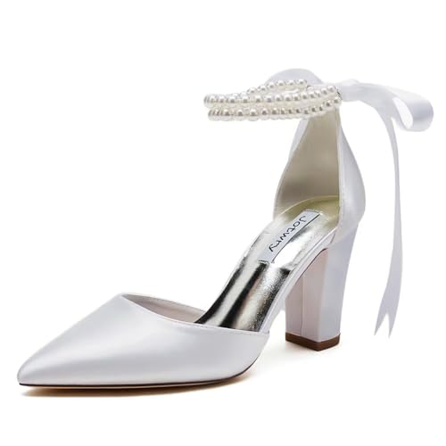 Image of Satin Wedding Shoes for Bride Block Heel Bridal Shoes Pointed Toe Pearl Wedding Heels
