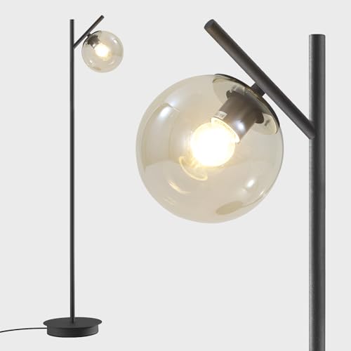 Image of Vintage Floor Lamp for Living Room Mid Century Black Floor Freestanding Lamp Farmhouses Cognac Glass Globe Standing Tall Pole Lamp for Study Room Hotel Bedroom