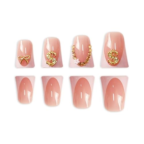 Image of White French Tip Press on Nails Duck Fake Nails Bow Nail Press ons with Rhinestone Design Dollar Glue on Nails Reusable Artificial Glossy Full Cover Acrylic Stick on Nail for Women Manicure 24Pcs