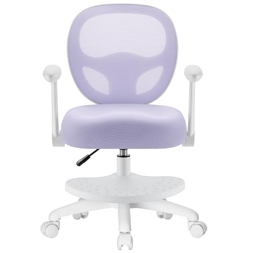 Image of HOFFREE Kids Desk Chair Ergonomic Study Chair with Flipped Armrest and Footrest Adjustable Height Swivel Kids Computer Chair Mesh Desk Chair for Boys Girls Children at Home Bedroom Study Room Purple