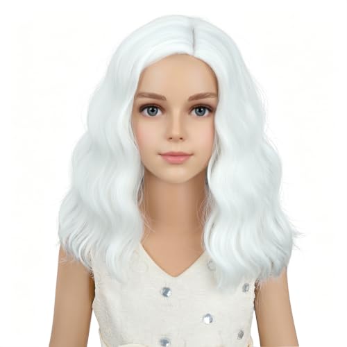 Image of PATTNIUM Kids White Wig Short Wavy Wig Child White Bob Wigs for Girls Heat Resistant SyntheticHair Cosplay Halloween Party Costume Wigs