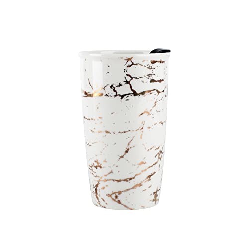 ANTIS'S HOME Ceramic Travel Mug with Lid, Flower Pattern Beige Double Wall Coffee Mug Tumbler, Reusable Tall Cup, Splash Resistant Lid, Dishwasher Microwaveable Safe Beige Flower