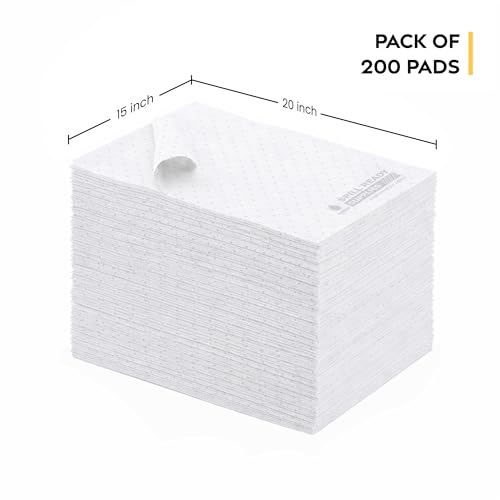 Image of Spill Ready Oil Only Absorbent Pads 15 inch x 20 inch (200 Pack) - Standard Weight Absorbs Up to 24 oz per pad - 2mm Oil Spill Mat, Hydrophobic Sorbent Mat Pads for Oil & Fuel Spills, Oil Pads - White