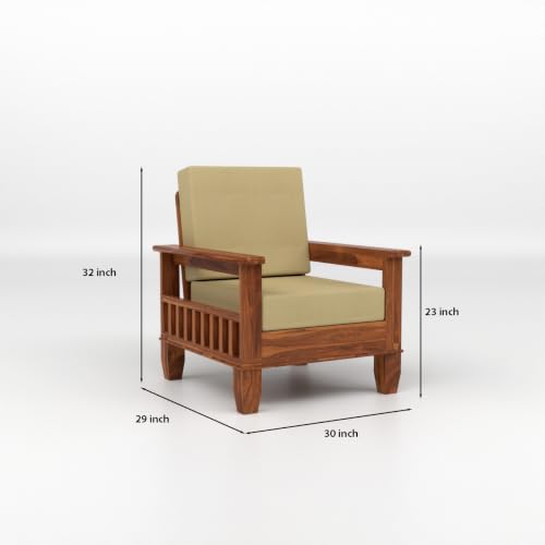 Image of Solid Sheesham Wood 1 Seater Sofa for Living Room | Premium Wooden Armchair with Side Magazine Rack | Cushioned Fabric Seat | Modern Single Sofa Chair for Home & Office