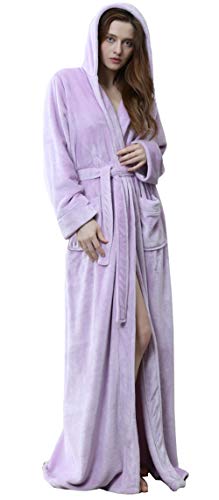 DSNOW Roupão de banho feminino de comprimento total com forro polar para inverno, Roxo claro, XL