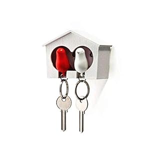 2x Vogel-Schl&uuml;sselring mit Triller Pfeife und Vogelhaus, Rot + Wei&szlig; | Geschenk-Schl&uuml;sselanh&auml;nger