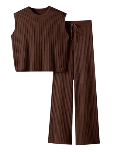 Imily Bela Womens 2 Piece Outfits Sweater Sets Knit Summer Casual Crewneck Sleeveless Tops Wide Leg...