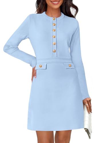 MEROKEETY Women's Fall 2025 Long Sleeve Bodycon Sweater Dress Button Crew Neck Winter Formal Mini Dresses, LightBlue, Medium