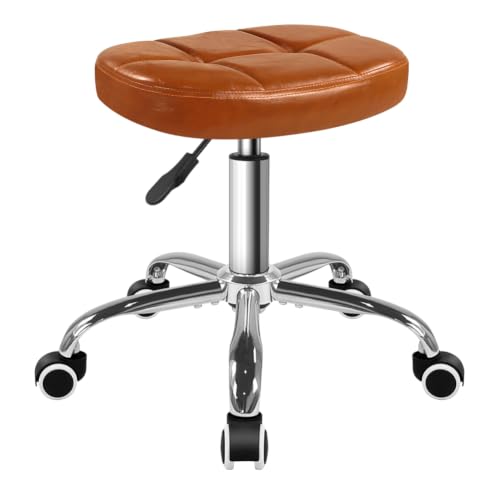Image of BFTOU 6-Square Lattice PU Swivel Stool with Wheel for Work SPA Shop Massage Height-Adjustable and Cost-Effective Rolling Stool Chair (Brown)