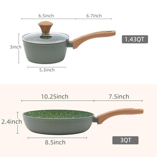 Image of 2-Piece Nonstick Cookware Set,10.25 Inch Frying Pan & 1.43QT Saucepan with Lid, PFAS PFOA Free Non-Toxic Coating, Heavy Bottom Even Heat, Induction Compatible, Dishwasher Safe - Green