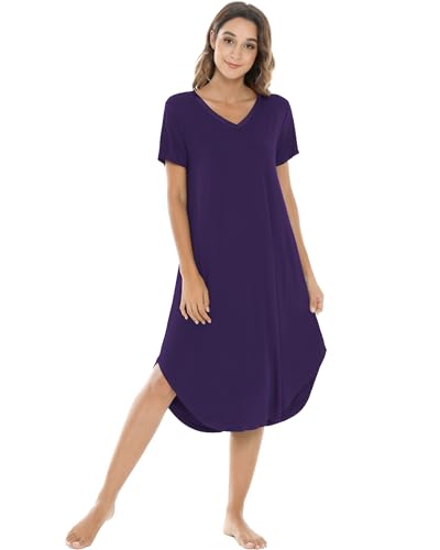 Image of NACHILA Nightgowns for Women-Viscose Made from Bamboo, V Neck Sleepshirts Short Sleeve Sleepwear Cool Nightshirt