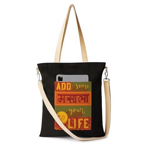 Image of ZORI Black Sling Tote Bag With Pocket and with Beige Straps, Tote Bags For Women large capacity,Tote bag For Shopping, College, Travel, More Canvas Handbag For Unisex