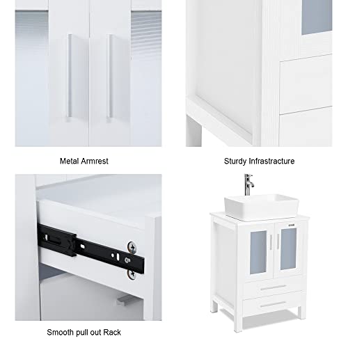 Eclife 24" Bathroom Vanity Sink Combo White Cabinet Vanity Rectangle Ceramic Vessel Sink & 1.5 Gpm Water Save Faucet & Solid Brass Pop Up Drain, With Mirror (Contemporary/T03B02W) #TOP3