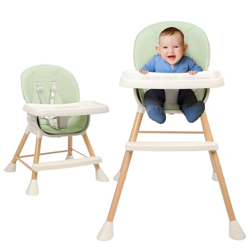 Image of 3-in-1 Convertible Baby High Chair, High Chairs with 2-Level Height Adjustable Legs & Removable Tray for Babies and Toddlers, Baby Infant Highchair with 5-Point Safety Belt & Footrest, Green