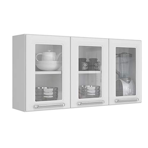 Armário Aéreo de Cozinha Branco 3 Portas com Vidro Luce