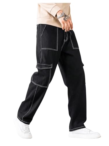 GORGLITTER Men's High Waist Baggy Jeans Wide Leg Denim Cargo Pants Contrast Stitching Skater Jeans Trousers4