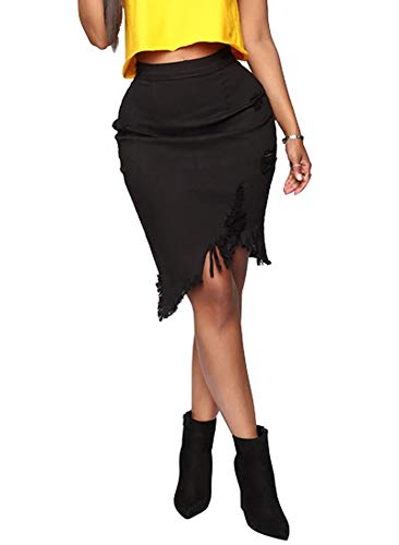 chouyatou Women's Stretchy Irregular Frayed Raw Hem Midi Denim Pencil Skirt