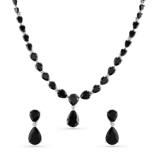 Image of Rubans Necklace Set Rhodium Plated Crystal Studded Jewellery Gift for Women & Girls