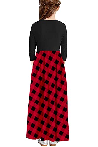 Mitilly Girls Plaid 3/4 Sleeve Pleated Casual Swing Long Maxi Dress With Pockets 12 Years Red #TOP2