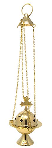 Needzo High Polished Brass Cross Design Hanging Church Thurible Censer with Chain 4 3/4 Inch