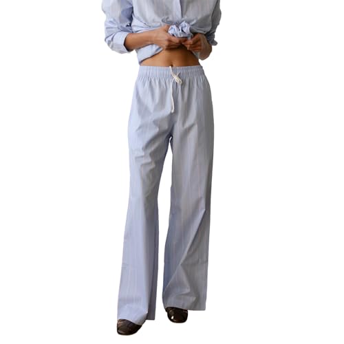Women Striped Wide Leg Y2k Pants Drawstring Elastic Waist Trousers Casual Loose Lounge Pants with Pockets