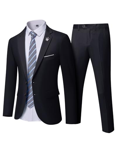 YND Men's Slim Fit 2 Piece Suit, 2 Button Notch Lapel Solid Jacket Pants Set with Tie, Party Wedding Dress Blazer Tux