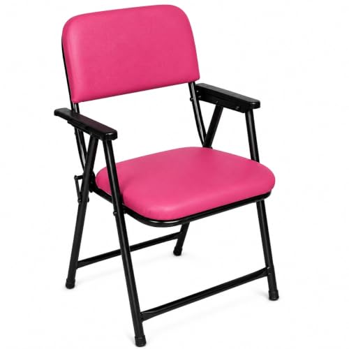 Image of Foldable Cushioned Chair with Armrests | Heavy Duty Metal Frame | Soft Padded Seat & Backrest | Space Saving Folding Chair for Home, Office, Study & Guest Seating | Pink