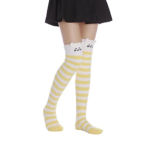 Image of Thigh High Fuzzy Socks Cute Animal Coral Fleece Over the Knee Thigh High Long Stockings Warm Stripe