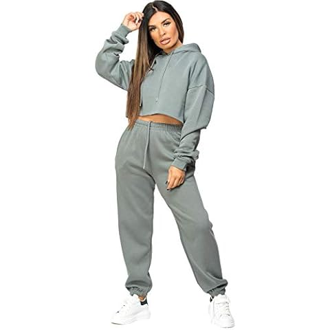 Womens Casual Tracksuit Oversize Crop Top Baggy Hoodie Fleece Joggers Sweatshirt Pants Active Gym Yoga Lounge Wear Co Ord Set Airforce Size M/L-10/12 Cover