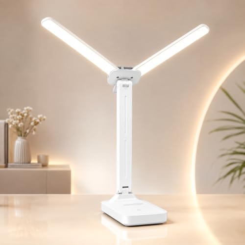 Image of One94Store Dual Head Rechargeable LED Table Lamp | 4.8W Power | 1200mAh Battery | Touch Control Dimmable Desk Light with Multiple Color Modes | USB Type-C Charging | 25.5 cm | White