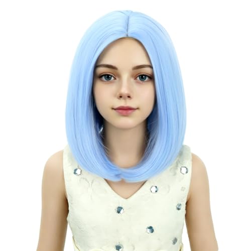 Image of Kids Blue Wig Girls Pale Blue Bob Wig Child Short Bob Wig Middle Part Wig for Kids Synthetic Wigs with Wig Cap