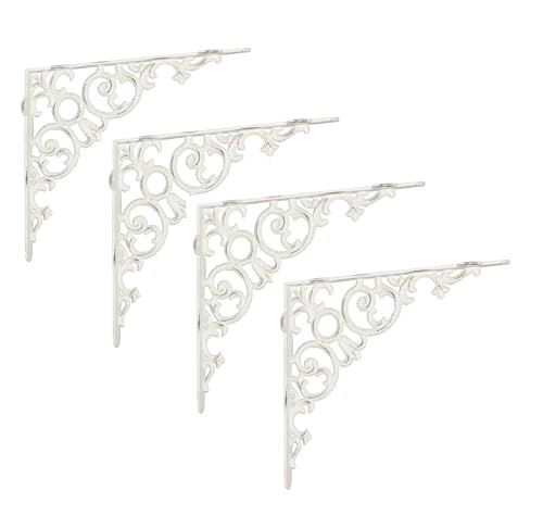NACH Decorative Metal Shelf Brackets Set of 4, Antique White Cast Iron Shelf Brackets for Wood Shelves, Vintage Victorian Style Wall Support, 8 x 1.7 x 8 Inch
