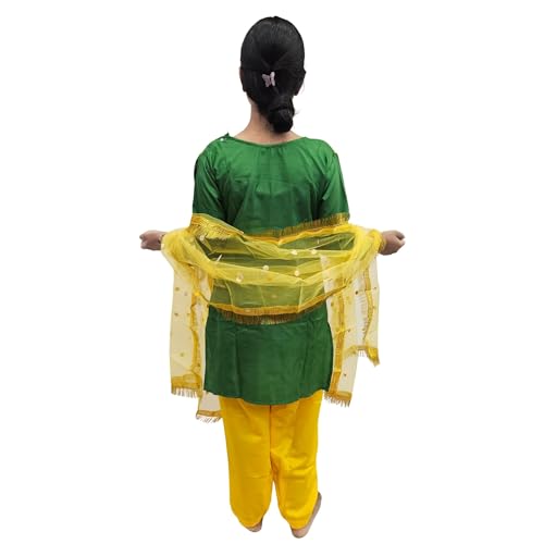 Image of Kaku Fancy Dresses Polyester Indian State Punjabi Folk Dance Costume for Kids /Salwar Suit with Dupatta For Girl Costume - Green & Yellow, 3-4 Years
