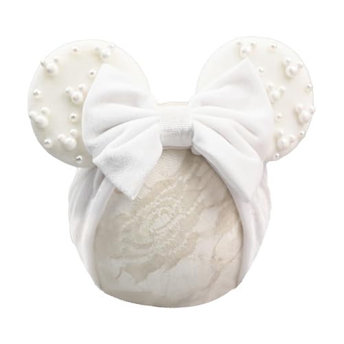 JIAHANG White Velvet Mouse Ears Turban Headwrap with Beads, Wide Hair Bow Headband for Baby Girls, Infants, Toddler, Kids, Party Supplie2