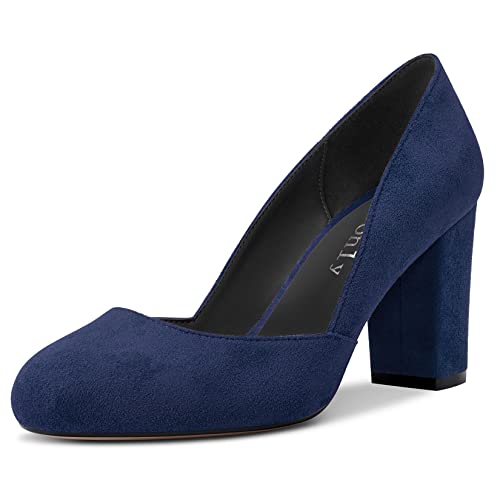 DearOnly Womens Pumps Round Closed Toe Block Chunky High Heel Slip On Suede Dress Shoes Shopping Office Cute 3 Inch